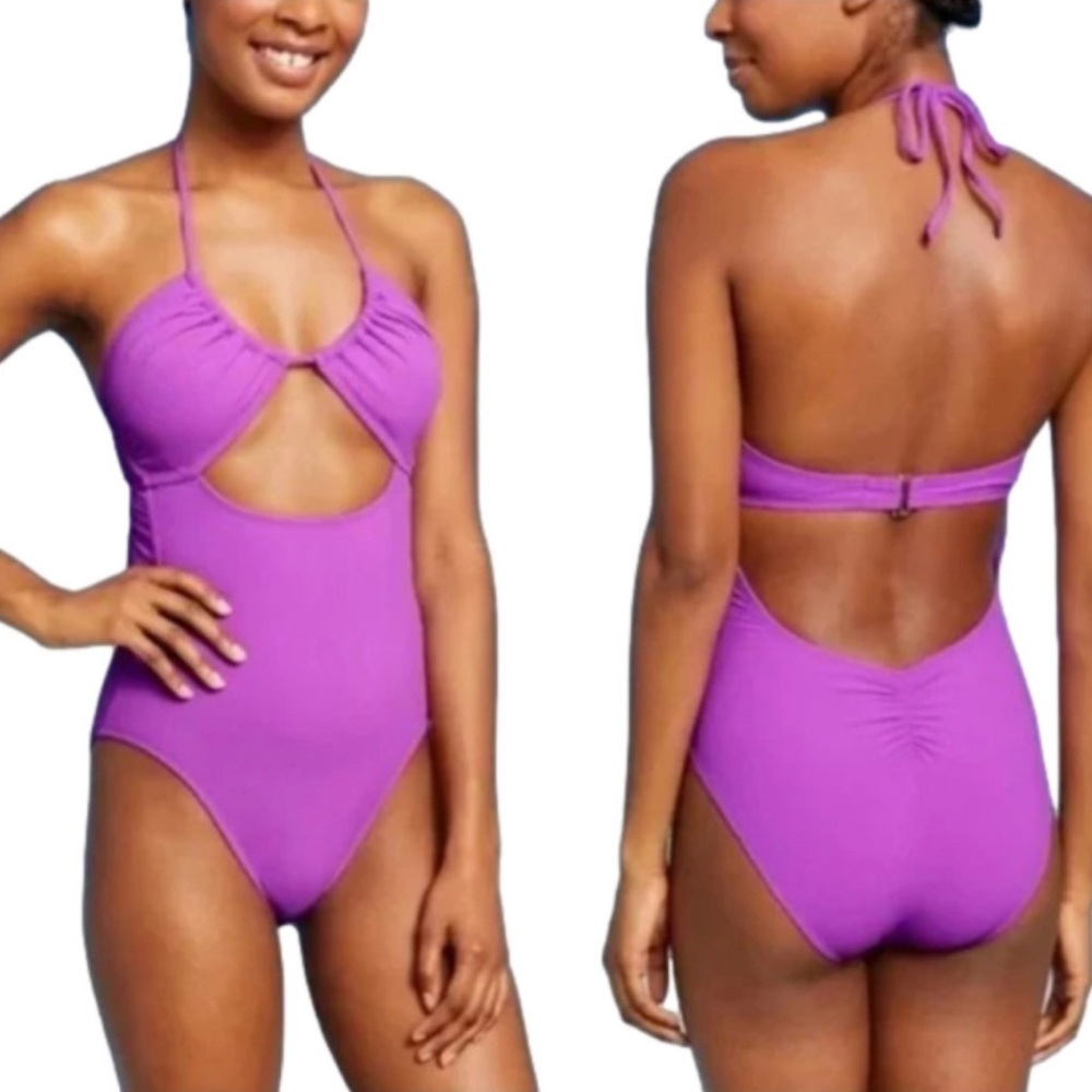 Ribbed Tunneled U-Neck One Piece Swimsuit - Neon Purple - Picture 2 of 2